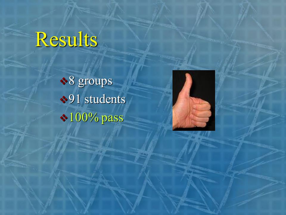 Results  8 groups  91 students  100% pass