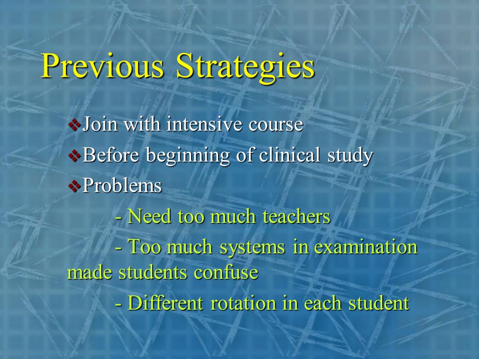 Previous Strategies  Join with intensive course  Before beginning of clinical study  Problems - Need too much teachers - Too much systems in examination made students confuse - Different rotation in each student