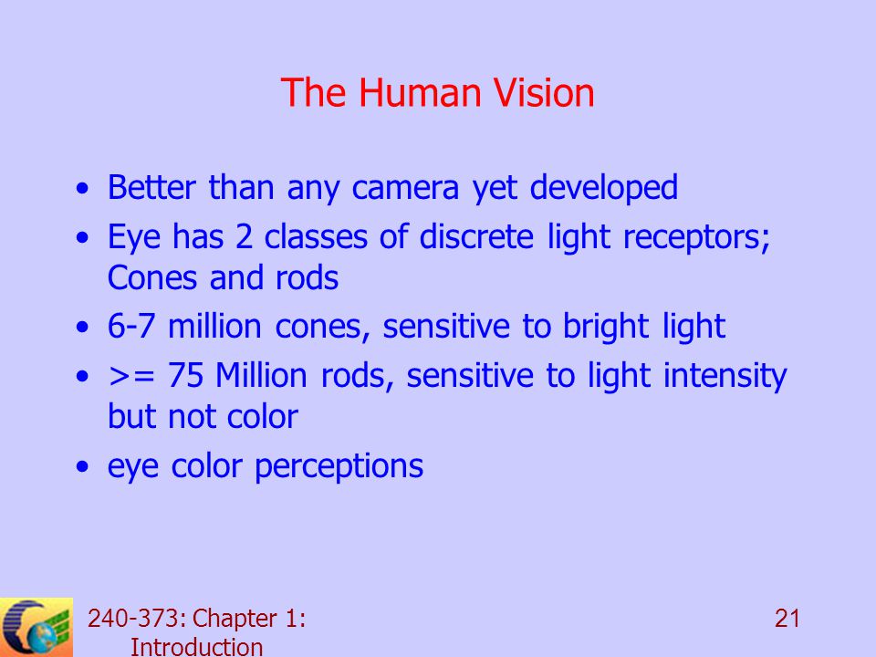 : Chapter 1: Introduction 21 The Human Vision Better than any camera yet developed Eye has 2 classes of discrete light receptors; Cones and rods 6-7 million cones, sensitive to bright light >= 75 Million rods, sensitive to light intensity but not color eye color perceptions
