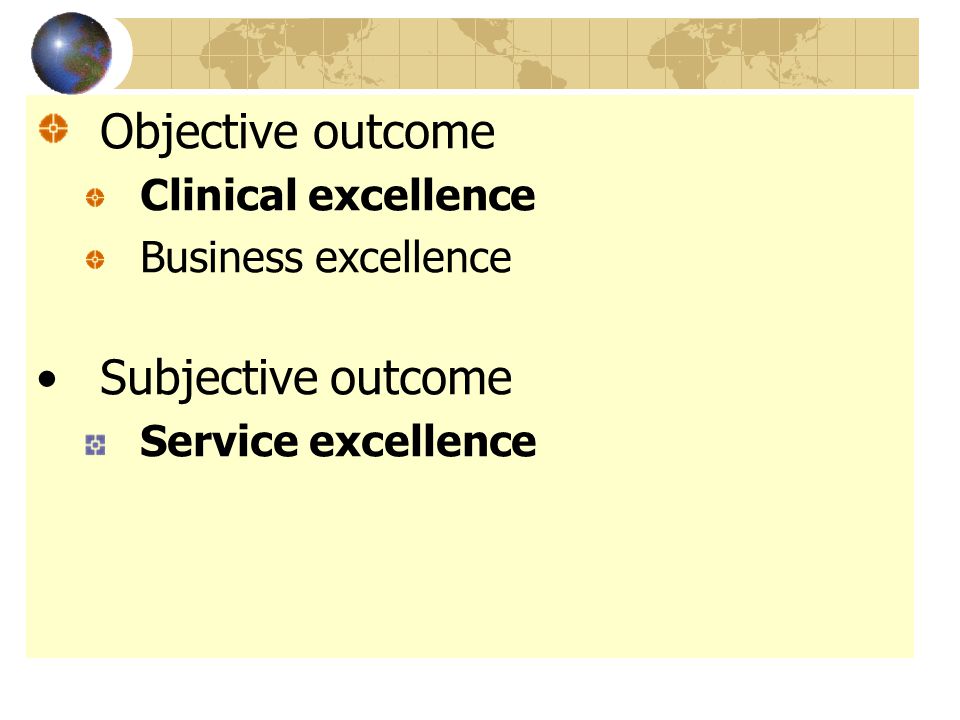Objective outcome Clinical excellence Business excellence Subjective outcome Service excellence
