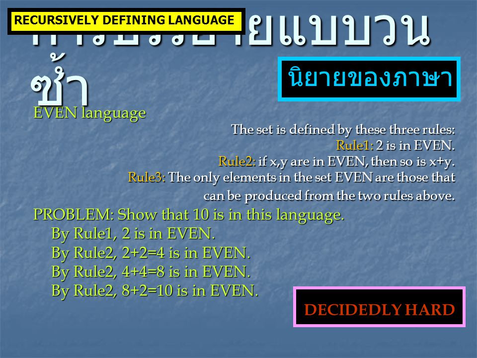 EVEN language The set is defined by these three rules: Rule1: 2 is in EVEN.