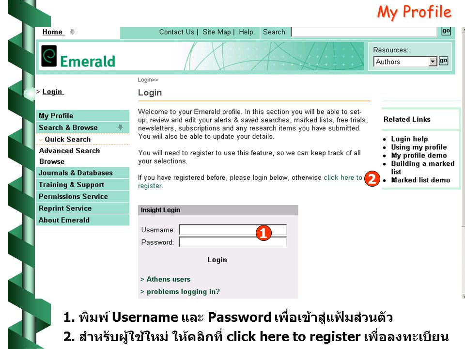 My Profile 1. พิมพ์ Username และ Password เพื่อเข้าสู่แฟ้มส่วนตัว 2.