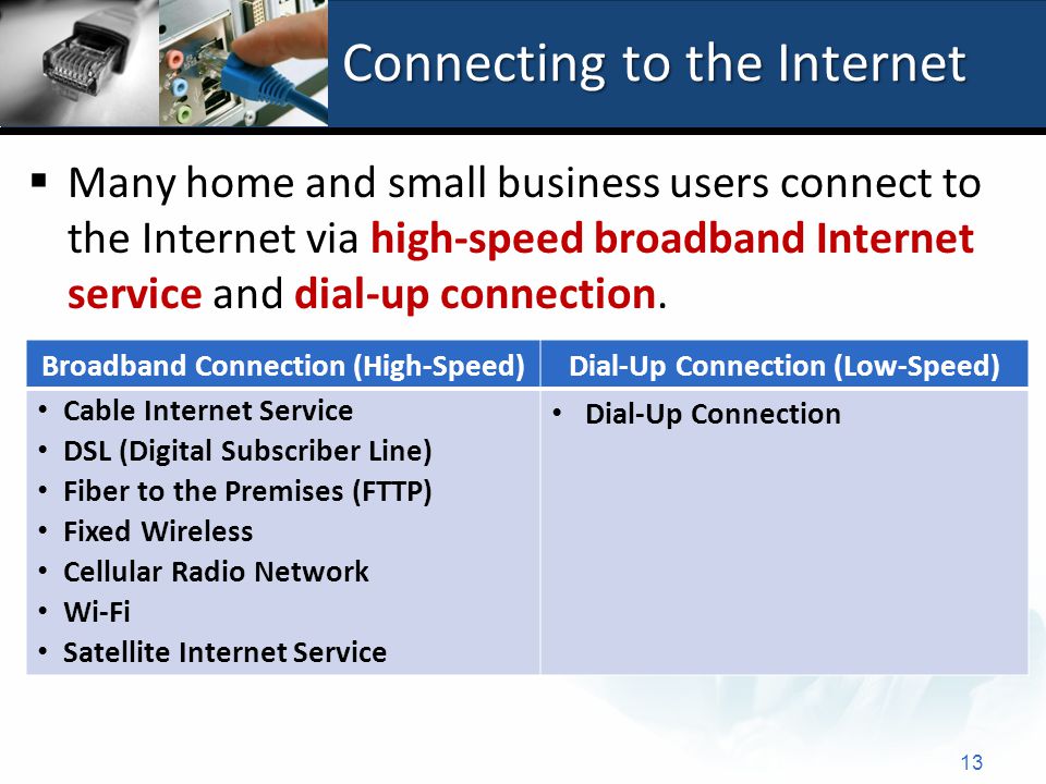 Connecting to the Internet  Many home and small business users connect to the Internet via high-speed broadband Internet service and dial-up connection.