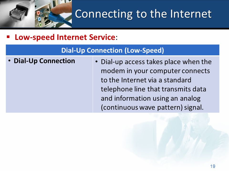 Connecting to the Internet 19 Dial-Up Connection (Low-Speed) Dial-Up Connection Dial-up access takes place when the modem in your computer connects to the Internet via a standard telephone line that transmits data and information using an analog (continuous wave pattern) signal.