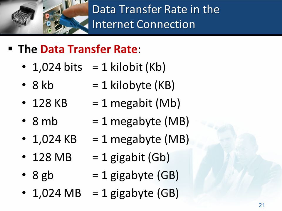 Data Transfer Rate in the Internet Connection 21  The Data Transfer Rate: 1,024 bits = 1 kilobit (Kb) 8 kb = 1 kilobyte (KB) 128 KB = 1 megabit (Mb) 8 mb = 1 megabyte (MB) 1,024 KB = 1 megabyte (MB) 128 MB = 1 gigabit (Gb) 8 gb = 1 gigabyte (GB) 1,024 MB = 1 gigabyte (GB)