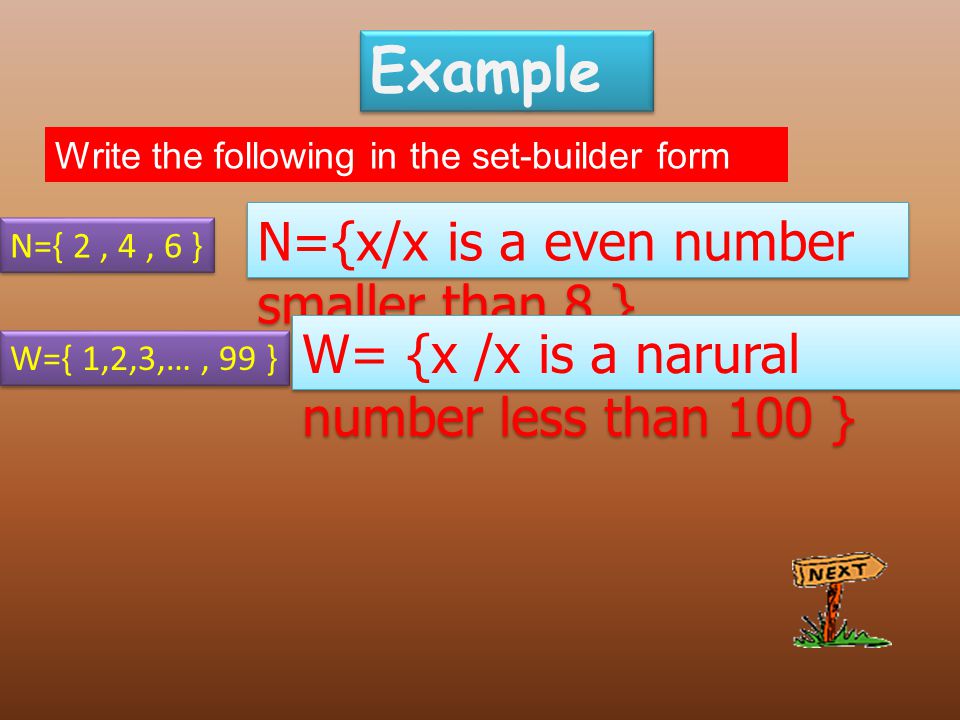Example Write the following in the set-builder form N={ 2, 4, 6 } N={x/x is a even number smaller than 8 } W={ 1,2,3,…, 99 } W= {x /x is a narural number less than 100 }