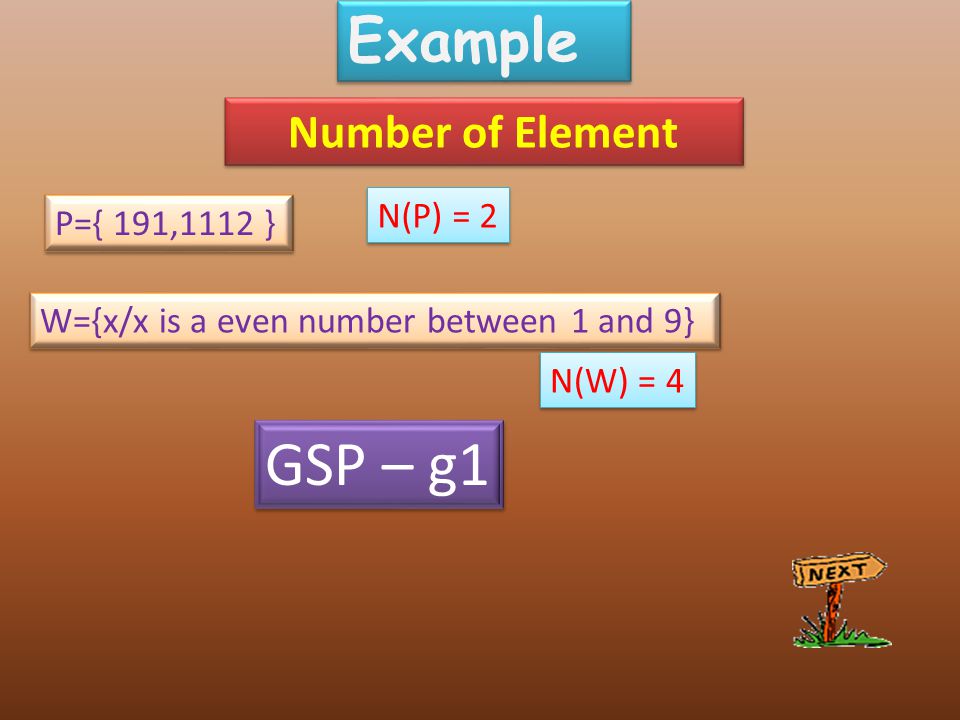 Example Number of Element P={ 191,1112 } N(P) = 2 W={x/x is a even number between 1 and 9} N(W) = 4 GSP – g1