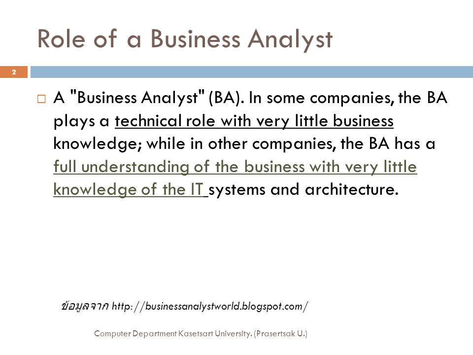 Role of a Business Analyst  A Business Analyst (BA).