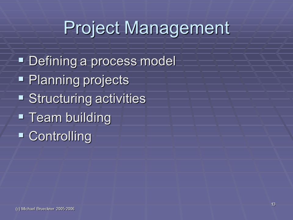 (c) Michael Brueckner Project Management  Defining a process model  Planning projects  Structuring activities  Team building  Controlling