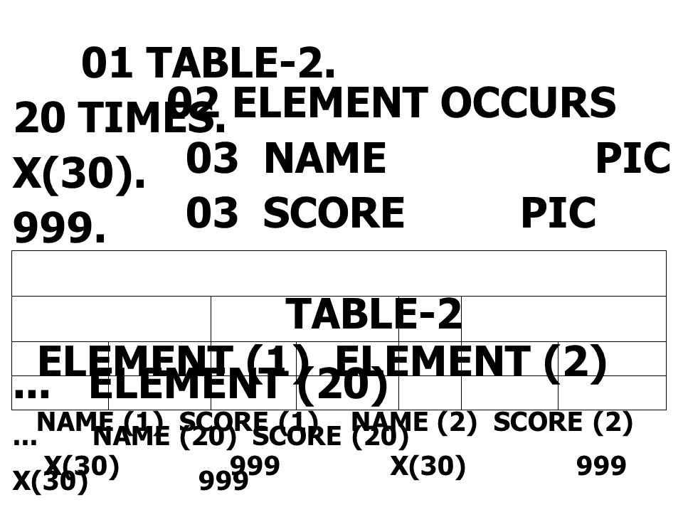 01 TABLE ELEMENT OCCURS 20 TIMES. 03 NAME PIC X(30).