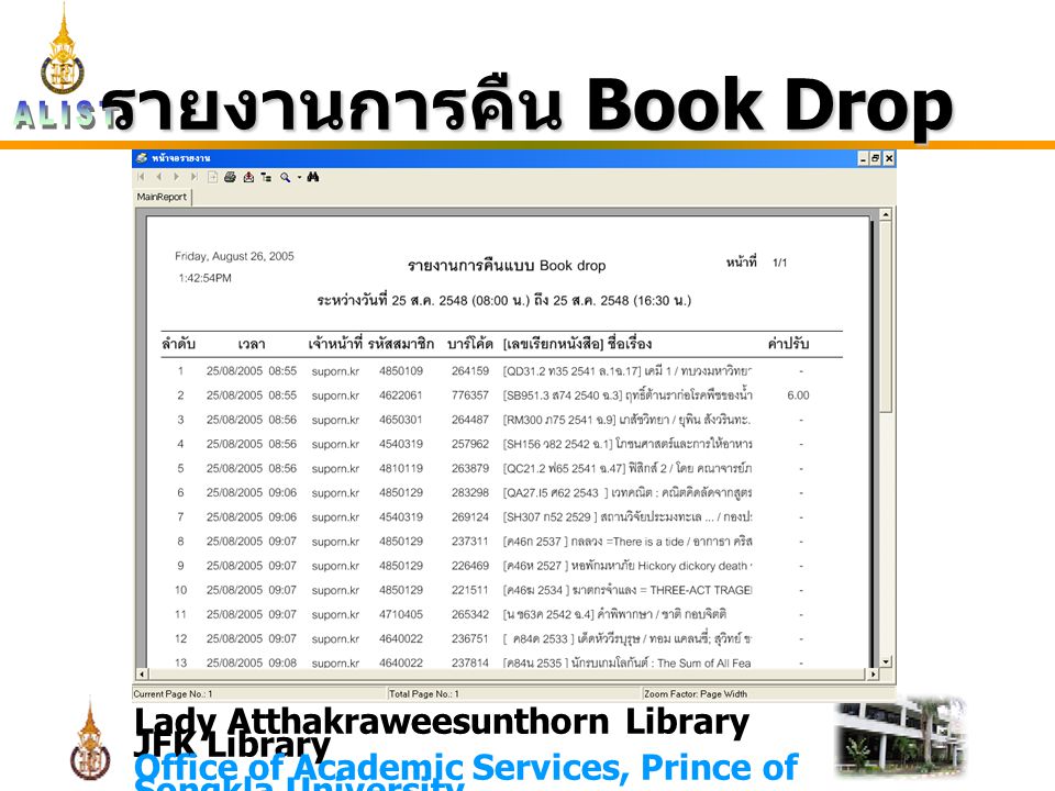 Lady Atthakraweesunthorn Library JFK Library Office of Academic Services, Prince of Songkla University รายงานการคืน Book Drop