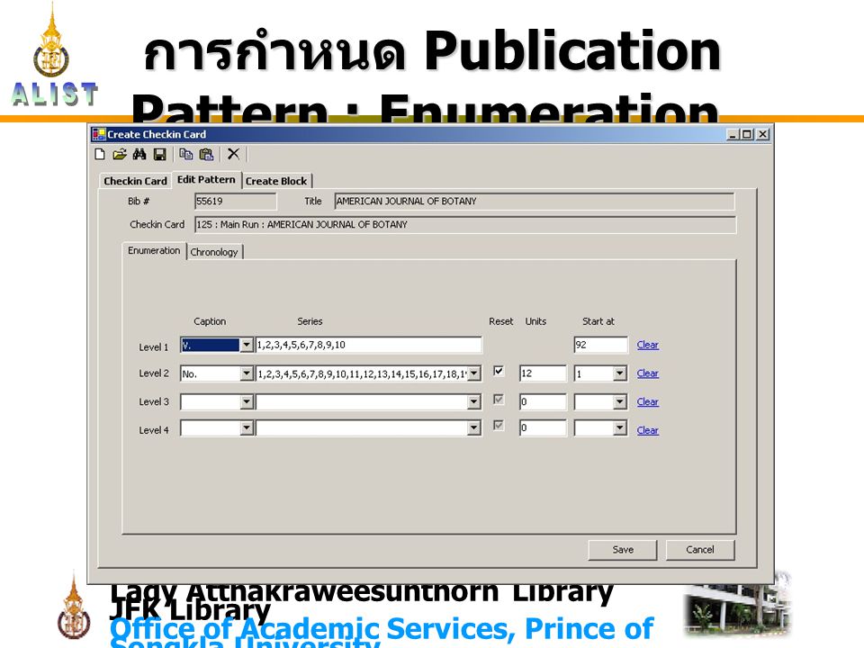 Lady Atthakraweesunthorn Library JFK Library Office of Academic Services, Prince of Songkla University การกำหนด Publication Pattern : Enumeration