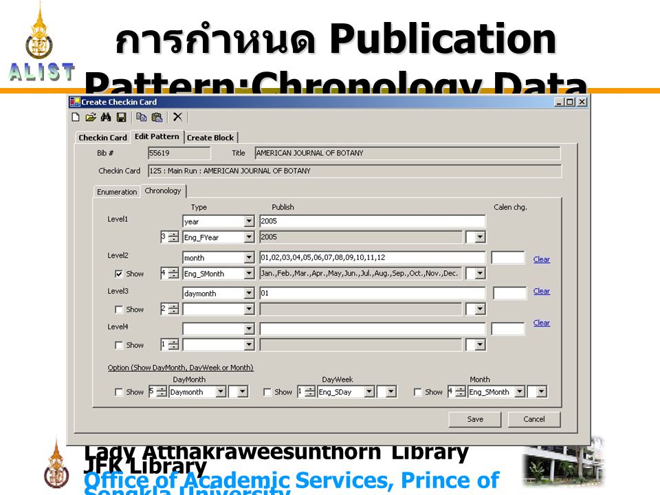 Lady Atthakraweesunthorn Library JFK Library Office of Academic Services, Prince of Songkla University การกำหนด Publication Pattern:Chronology Data