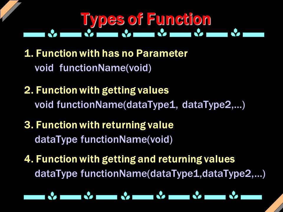 Types of Function 1. Function with has no Parameter void functionName(void) 2.