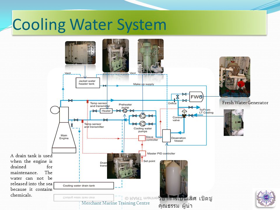 Cooling Water System Merchant Marine Training Centre6 วิชาการเป็นเลิศ เชิดชู คุณธรรม ผู้นำ Fresh Water Generator A drain tank is used when the engine is drained for maintenance.