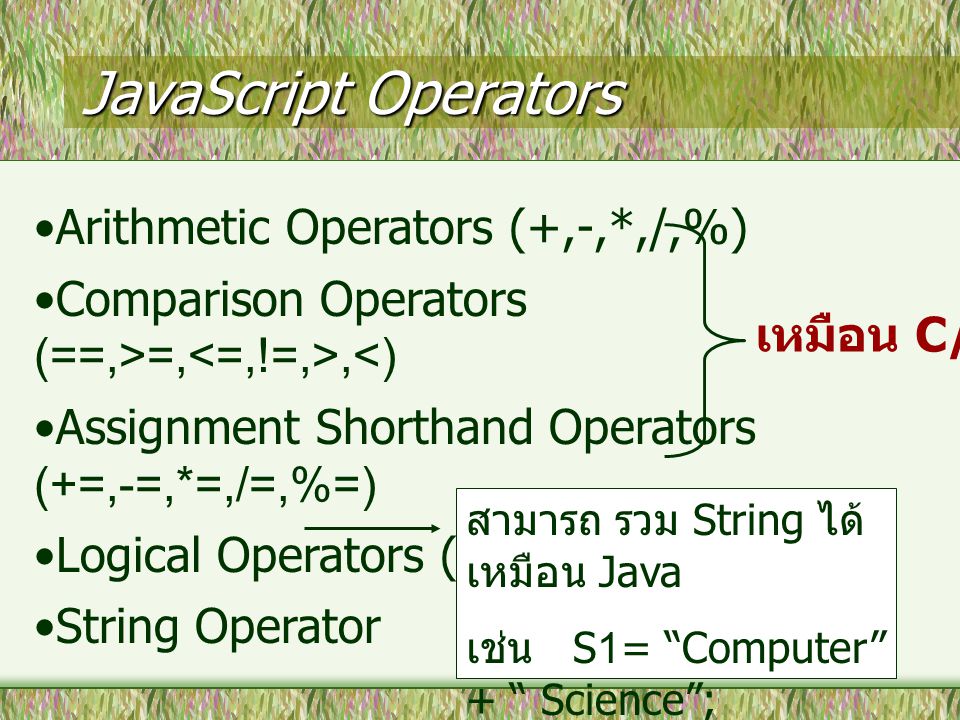 JavaScript Operators Arithmetic Operators (+,-,*,/,%) Comparison Operators (==,>=,,<) Assignment Shorthand Operators (+=,-=,*=,/=,%=) Logical Operators (&&,||,!) String Operator เหมือน C/C++ สามารถ รวม String ได้ เหมือน Java เช่น S1= Computer + Science ; S2 = 5+10 = ;