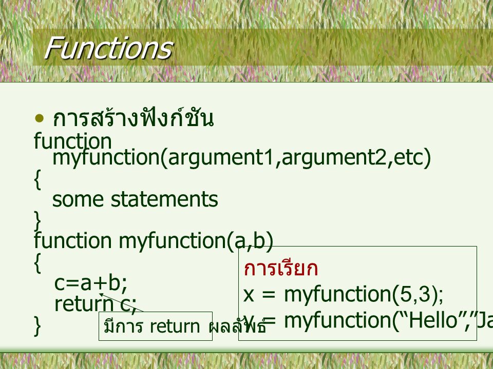 Functions การสร้างฟังก์ชัน function myfunction(argument1,argument2,etc) { some statements } function myfunction(a,b) { c=a+b; return c; } มีการ return ผลลัพธ์ การเรียก x = myfunction(5,3); y = myfunction( Hello , JavaScript );