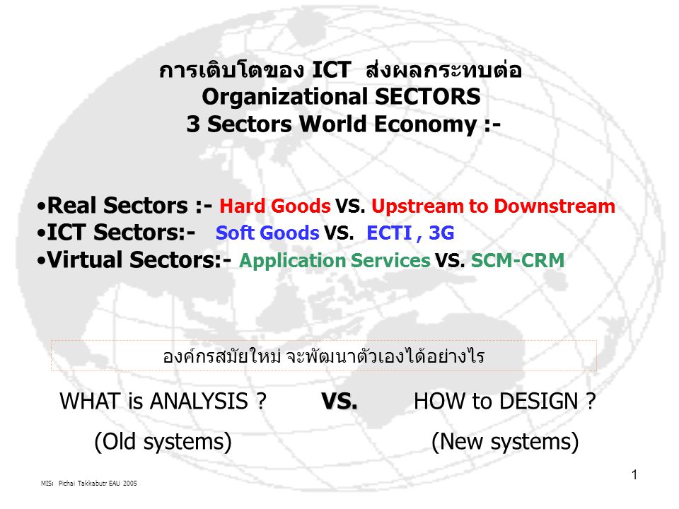 MIS: Pichai Takkabutr EAU การเติบโตของ ICT ส่งผลกระทบต่อ Organizational SECTORS 3 Sectors World Economy :- Real Sectors :- Hard Goods VS.