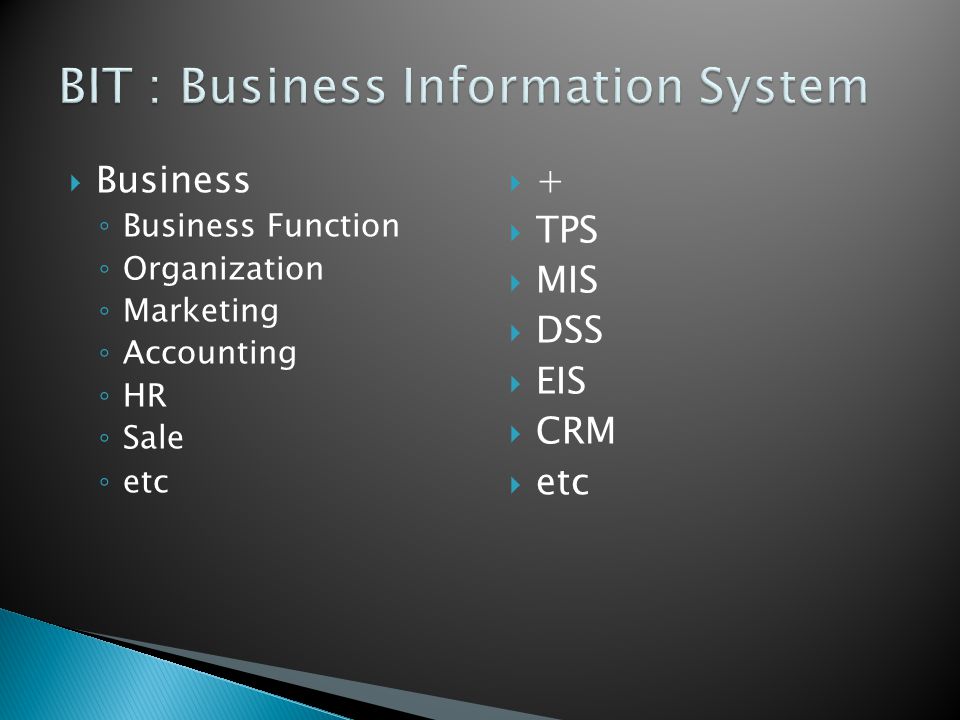  Business ◦ Business Function ◦ Organization ◦ Marketing ◦ Accounting ◦ HR ◦ Sale ◦ etc  +  TPS  MIS  DSS  EIS  CRM  etc