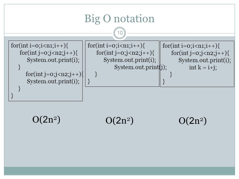 Big O notation 10 for(int i=0;i<n1;i++){ for(int j=0;j<n2;j++){ System.out.print(i); } for(int j=0;j<n2;j++){ System.out.print(i); } O(2n 2 ) for(int i=0;i<n1;i++){ for(int j=0;j<n2;j++){ System.out.print(i); System.out.print(j); } O(2n 2 ) for(int i=0;i<n1;i++){ for(int j=0;j<n2;j++){ System.out.print(i); int k = i+j; } O(2n 2 )