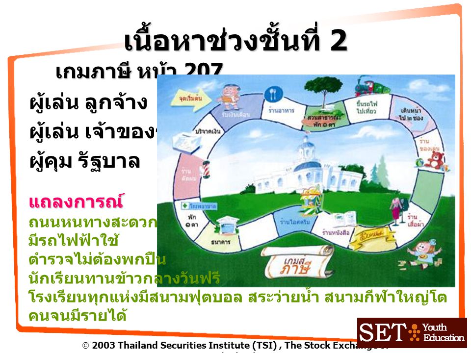  2003 Thailand Securities Institute (TSI), The Stock Exchange of Thailand เนื้อหาช่วงชั้นที่ 2 เกมภาษี หน้า 207 ผู้เล่น ลูกจ้าง ผู้เล่น เจ้าของร้าน ผู้คุม รัฐบาล แถลงการณ์ ถนนหนทางสะดวก มีรถไฟฟ้าใช้ ตำรวจไม่ต้องพกปืน นักเรียนทานข้าวกลางวันฟรี โรงเรียนทุกแห่งมีสนามฟุตบอล สระว่ายน้ำ สนามกีฬาใหญ่โต คนจนมีรายได้