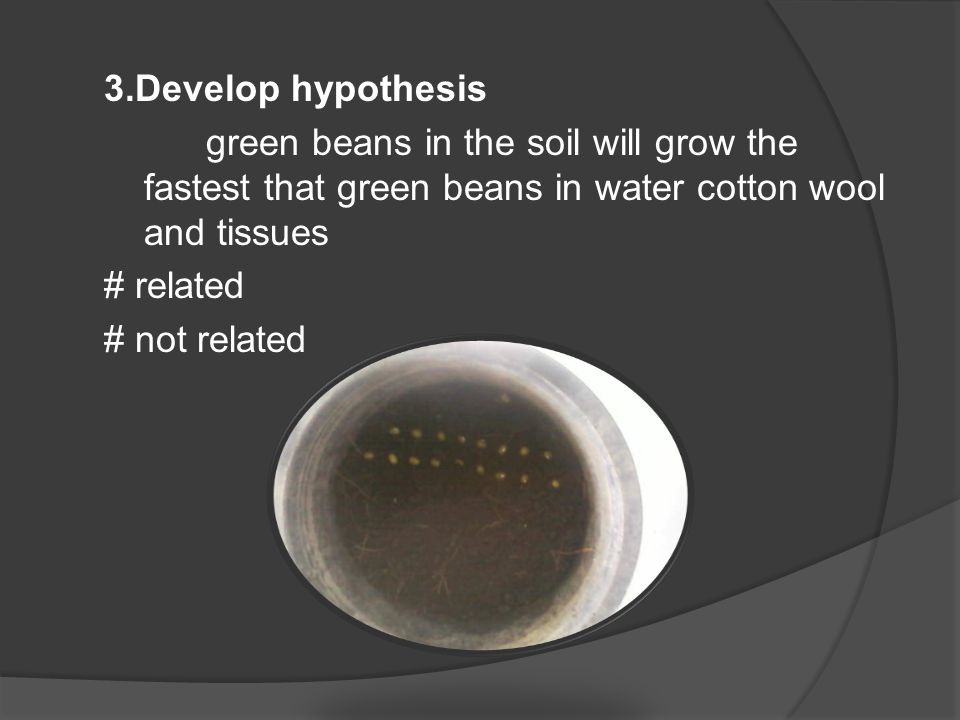 3.Develop hypothesis green beans in the soil will grow the fastest that green beans in water cotton wool and tissues # related # not related