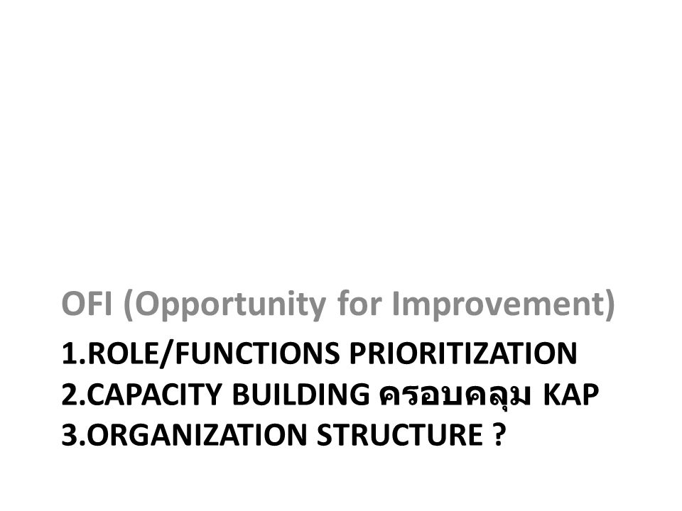 1.ROLE/FUNCTIONS PRIORITIZATION 2.CAPACITY BUILDING ครอบคลุม KAP 3.ORGANIZATION STRUCTURE .