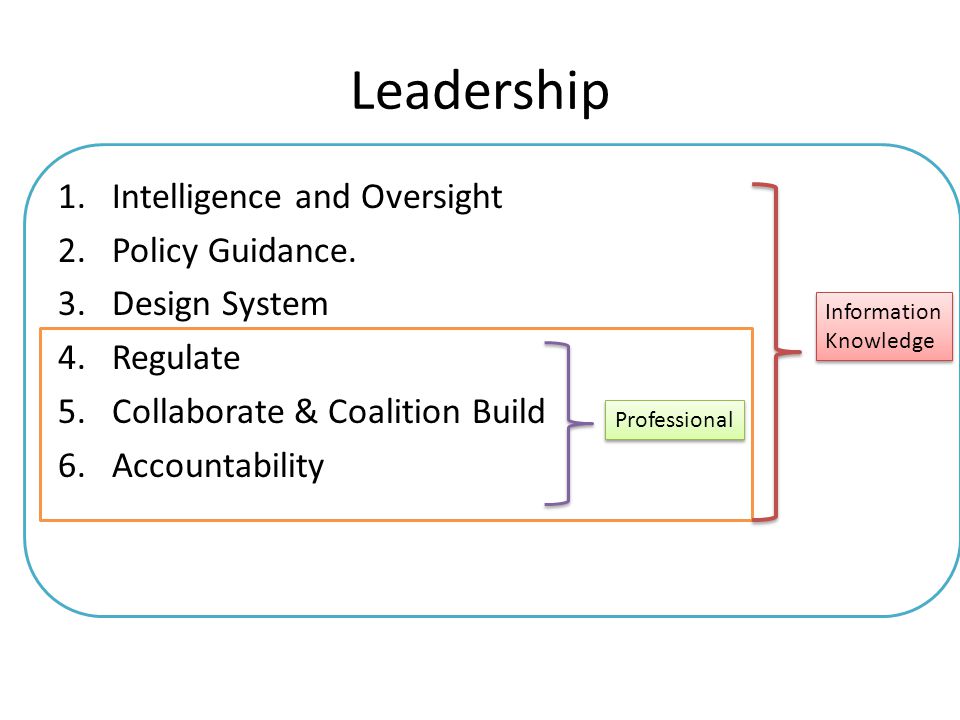 Leadership 1.Intelligence and Oversight 2.Policy Guidance.