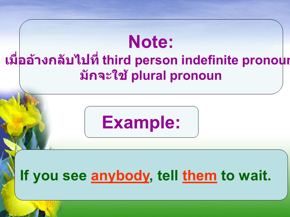 Indefinite Pronouns = singular, 3th person Everybody knows.