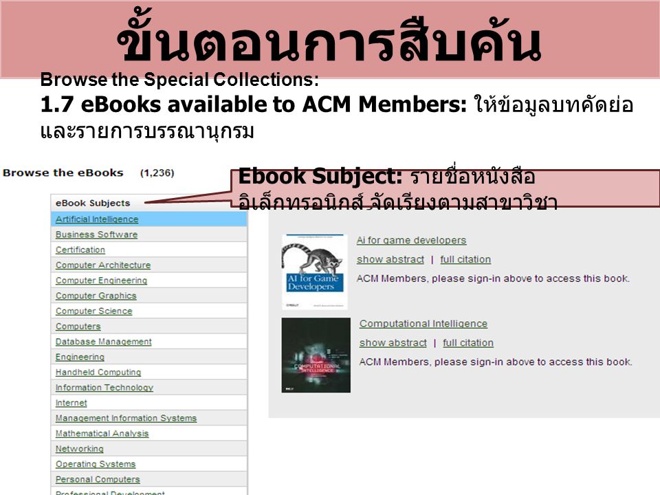 ขั้นตอนการสืบค้น Browse the Special Collections: 1.7 eBooks available to ACM Members: ให้ข้อมูลบทคัดย่อ และรายการบรรณานุกรม Ebook Subject: รายชื่อหนังสือ อิเล็กทรอนิกส์ จัดเรียงตามสาขาวิชา