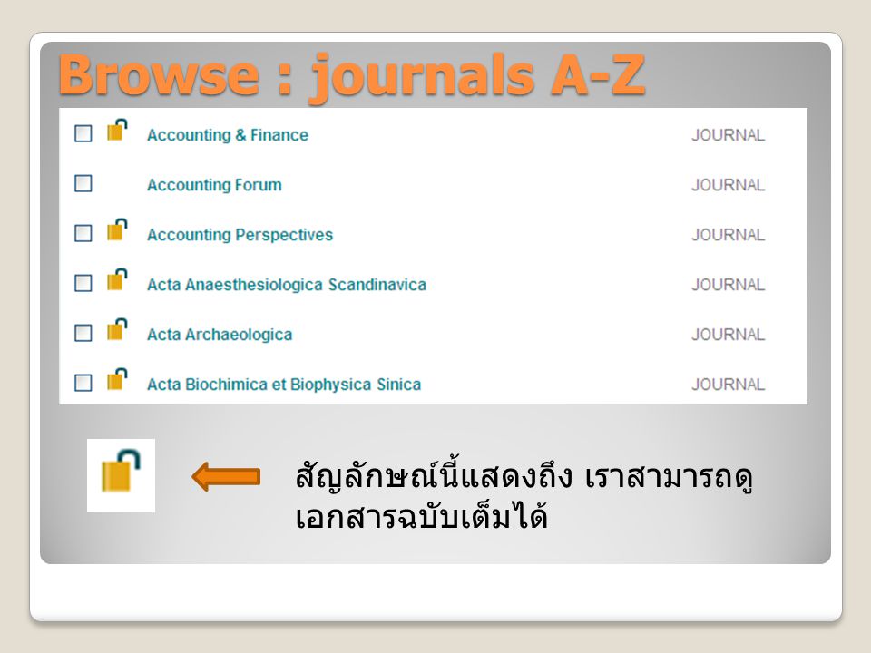 Browse : journals A-Z สัญลักษณ์นี้แสดงถึง เราสามารถดู เอกสารฉบับเต็มได้