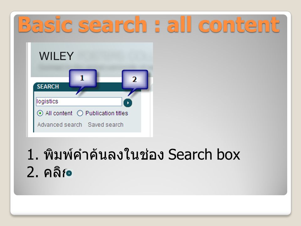 Basic search : all content 1. พิมพ์คำค้นลงในช่อง Search box 2. คลิก