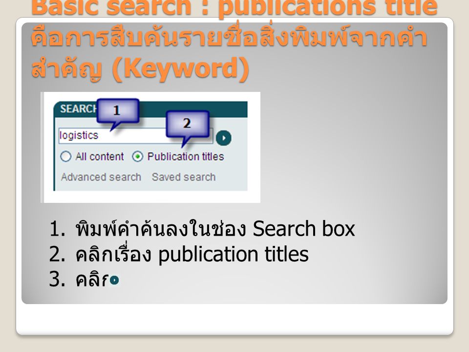Basic search : publications title คือการสืบค้นรายชื่อสิ่งพิมพ์จากคำ สำคัญ (Keyword) 1.