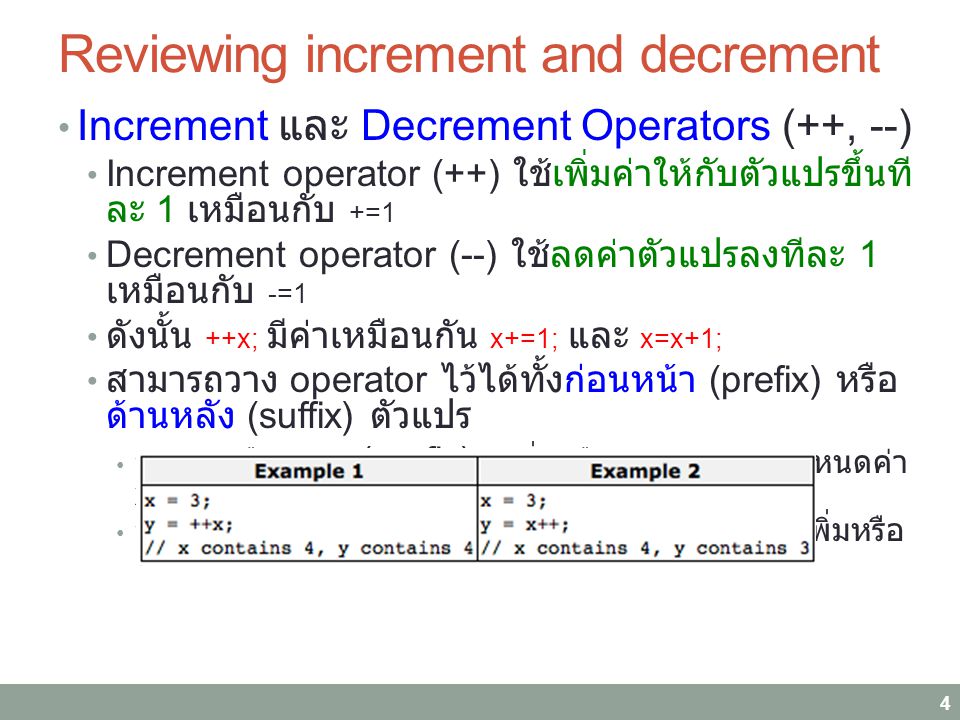 Reviewing increment and decrement Increment และ Decrement Operators (++, --) Increment operator (++) ใช้เพิ่มค่าให้กับตัวแปรขึ้นที ละ 1 เหมือนกับ +=1 Decrement operator (--) ใช้ลดค่าตัวแปรลงทีละ 1 เหมือนกับ -=1 ดังนั้น ++x; มีค่าเหมือนกัน x+=1; และ x=x+1; สามารถวาง operator ไว้ได้ทั้งก่อนหน้า (prefix) หรือ ด้านหลัง (suffix) ตัวแปร y=++x; หรือ y=--x; (prefix) : เพิ่มหรือลดค่า x ก่อนกำหนดค่า x ให้ y y=x++; หรือ y=x--; (suffix) : กำหนดค่า x ให้ y ก่อนเพิ่มหรือ ลดค่า x 4
