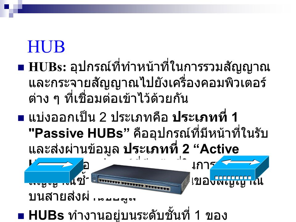 HUB HUBs: อุปกรณ์ที่ทำหน้าที่ในการรวมสัญญาณ และกระจายสัญญาณไปยังเครื่องคอมพิวเตอร์ ต่าง ๆ ที่เชื่อมต่อเข้าไว้ด้วยกัน แบ่งออกเป็น 2 ประเภทคือ ประเภทที่ 1 Passive HUBs คืออุปกรณ์ที่มีหน้าที่ในรับ และส่งผ่านข้อมูล ประเภทที่ 2 Active HUBs คืออุปกรณ์ที่มีหน้าที่ในการทวน สัญญาณซ้ำเมื่อเกิดการลดทอนของสัญญาณ บนสายส่งผ่านข้อมูล HUBs ทำงานอยู่บนระดับชั้นที่ 1 ของ แบบจำลอง OSI Model