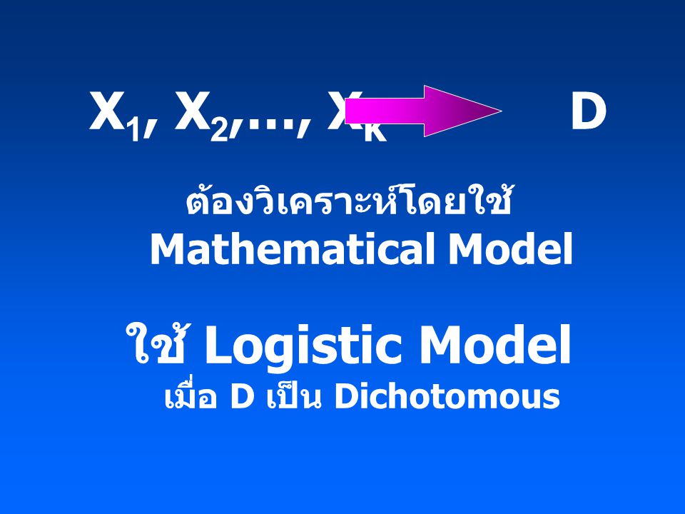 X 1, X 2,…, X K D ต้องวิเคราะห์โดยใช้ Mathematical Model ใช้ Logistic Model เมื่อ D เป็น Dichotomous