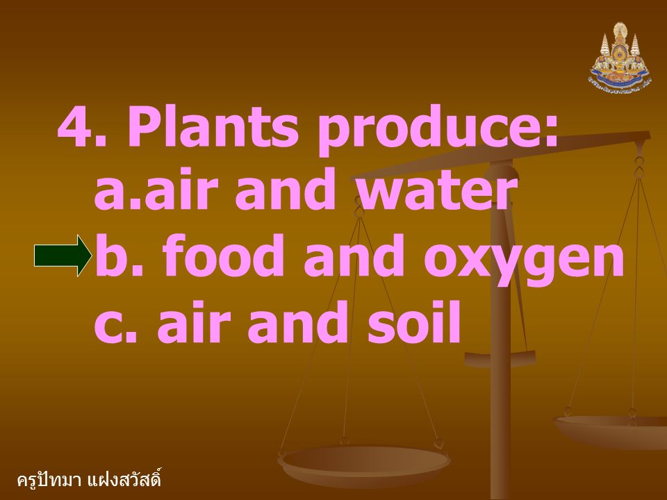 ครูปัทมา แฝงสวัสดิ์ 4. Plants produce: a.air and water b. food and oxygen c. air and soil
