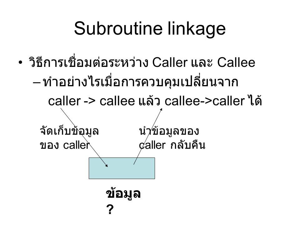 Subroutine linkage วิธีการเชื่อมต่อระหว่าง Caller และ Callee – ทำอย่างไรเมื่อการควบคุมเปลี่ยนจาก caller -> callee แล้ว callee->caller ได้ จัดเก็บข้อมูล ของ caller นำข้อมูลของ caller กลับคืน ข้อมูล