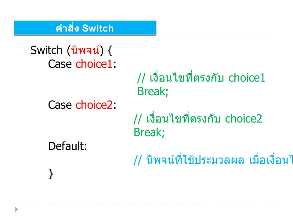 คำสั่ง Switch Switch ( นิพจน์ ) { Case choice1: // เงื่อนไขที่ตรงกับ choice1 Break; Case choice2: // เงื่อนไขที่ตรงกับ choice2 Break; Default: // นิพจน์ที่ใช้ประมวลผล เมื่อเงื่อนไขไม่ตรงกับ case ใด ๆ เลย }