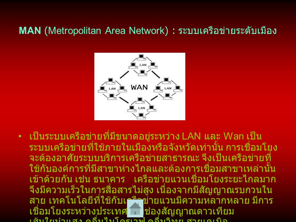 MAN (Metropolitan Area Network) : ระบบเครือข่ายระดับเมือง เป็นระบบเครือข่ายที่มีขนาดอยู่ระหว่าง LAN และ Wan เป็น ระบบเครือข่ายที่ใช้ภายในเมืองหรือจังหวัดเท่านั้น การเชื่อมโยง จะต้องอาศัยระบบบริการเครือข่ายสาธารณะ จึงเป็นเครือข่ายที่ ใช้กับองค์การที่มีสาขาห่างไกลและต้องการเชื่อมสาขาเหล่านั้น เข้าด้วยกัน เช่น ธนาคาร เครือข่ายแวนเชื่อมโยงระยะไกลมาก จึงมีความเร็วในการสื่อสารไม่สูง เนื่องจากมีสัญญาณรบกวนใน สาย เทคโนโลยีที่ใช้กับเครือข่ายแวนมีความหลากหลาย มีการ เชื่อมโยงระหว่างประเทศด้วยช่องสัญญาณดาวเทียม เส้นใยนำแสง คลื่นไมโครเวฟ คลื่นวิทยุ สายเคเบิล