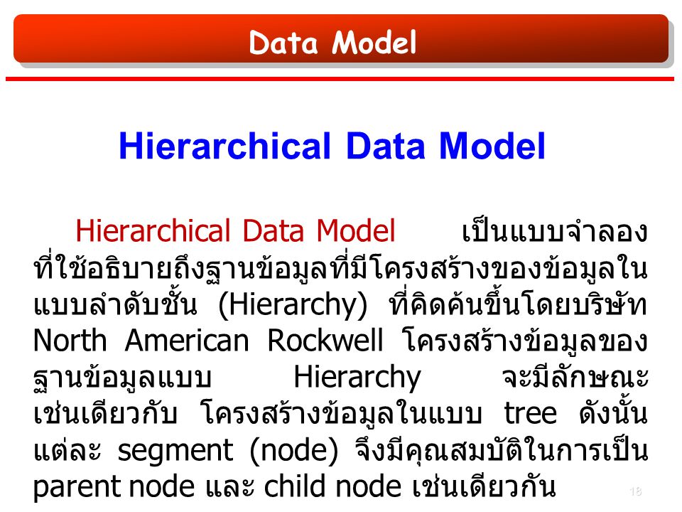Data Model Hierarchical Data Model Hierarchical Data Model เป็นแบบจำลอง ที่ใช้อธิบายถึงฐานข้อมูลที่มีโครงสร้างของข้อมูลใน แบบลำดับชั้น (Hierarchy) ที่คิดค้นขึ้นโดยบริษัท North American Rockwell โครงสร้างข้อมูลของ ฐานข้อมูลแบบ Hierarchy จะมีลักษณะ เช่นเดียวกับ โครงสร้างข้อมูลในแบบ tree ดังนั้น แต่ละ segment (node) จึงมีคุณสมบัติในการเป็น parent node และ child node เช่นเดียวกัน 18