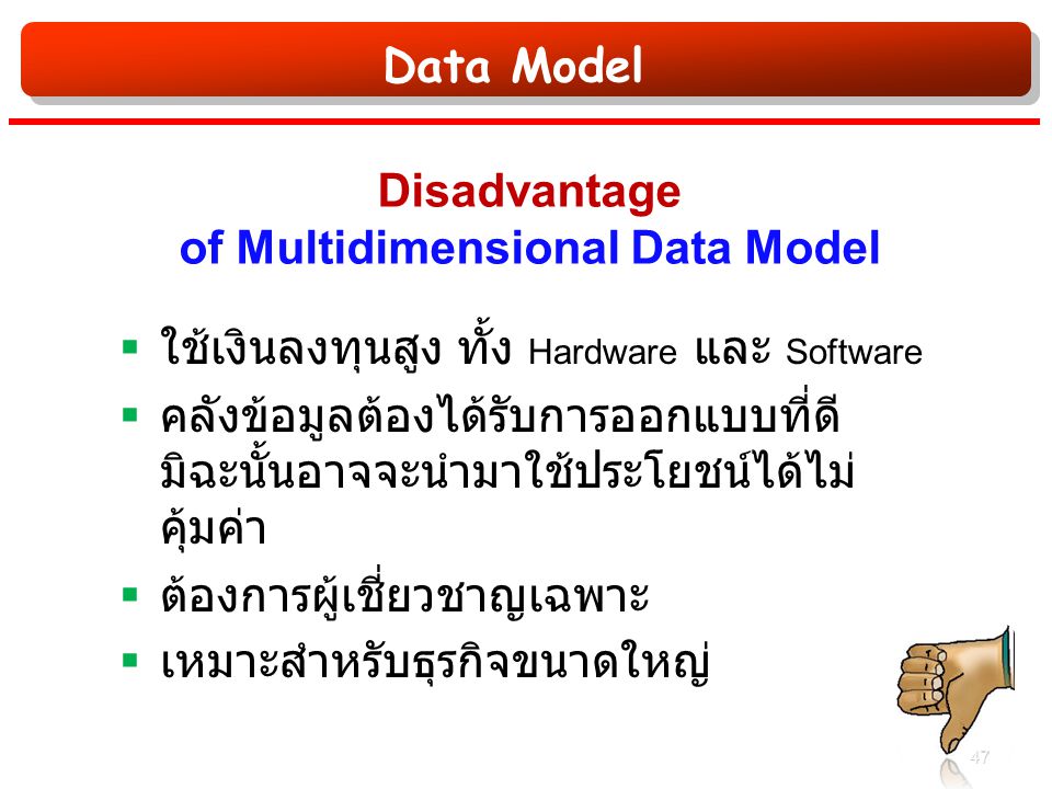 Data Model Disadvantage of Multidimensional Data Model  ใช้เงินลงทุนสูง ทั้ง Hardware และ Software  คลังข้อมูลต้องได้รับการออกแบบที่ดี มิฉะนั้นอาจจะนำมาใช้ประโยชน์ได้ไม่ คุ้มค่า  ต้องการผู้เชี่ยวชาญเฉพาะ  เหมาะสำหรับธุรกิจขนาดใหญ่ 47