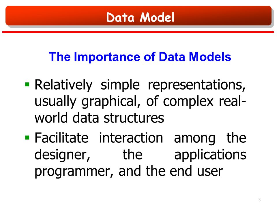 Data Model The Importance of Data Models  Relatively simple representations, usually graphical, of complex real- world data structures  Facilitate interaction among the designer, the applications programmer, and the end user 8