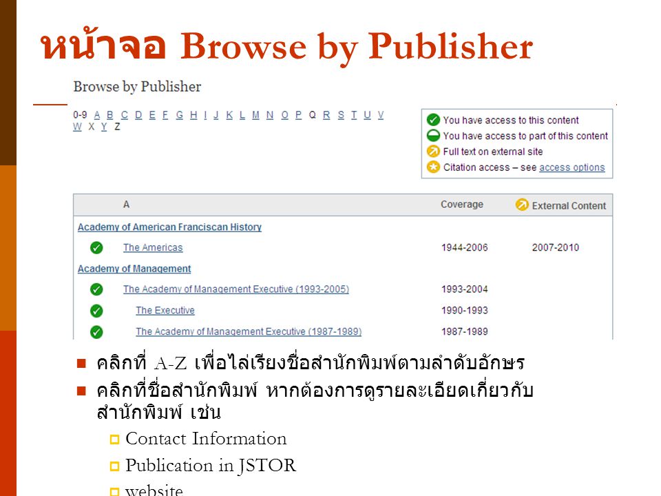 หน้าจอ Browse by Publisher คลิกที่ A-Z เพื่อไล่เรียงชื่อสำนักพิมพ์ตามลำดับอักษร คลิกที่ชื่อสำนักพิมพ์ หากต้องการดูรายละเอียดเกี่ยวกับ สำนักพิมพ์ เช่น  Contact Information  Publication in JSTOR  website