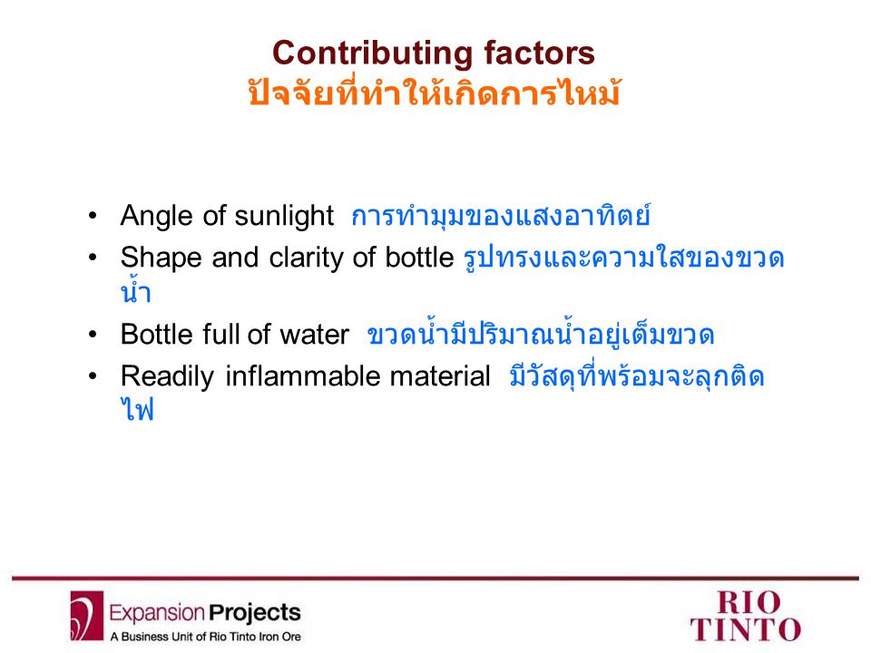 Contributing factors ปัจจัยที่ทำให้เกิดการไหม้ Angle of sunlight การทำมุมของแสงอาทิตย์ Shape and clarity of bottle รูปทรงและความใสของขวด น้ำ Bottle full of water ขวดน้ำมีปริมาณน้ำอยู่เต็มขวด Readily inflammable material มีวัสดุที่พร้อมจะลุกติด ไฟ