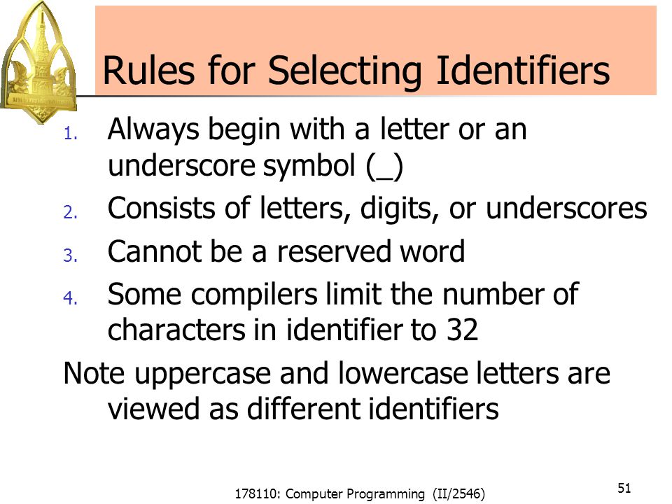178110: Computer Programming (II/2546) 51 Rules for Selecting Identifiers 1.