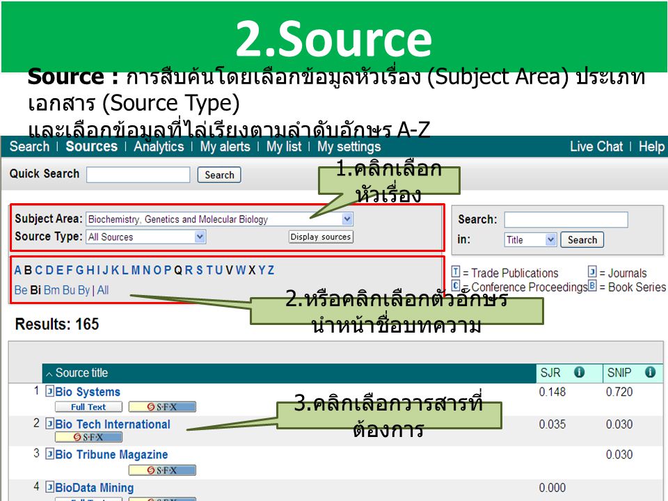 2.Source Source : การสืบค้นโดยเลือกข้อมูลหัวเรื่อง (Subject Area) ประเภท เอกสาร (Source Type) และเลือกข้อมูลที่ไล่เรียงตามลำดับอักษร A-Z 3.