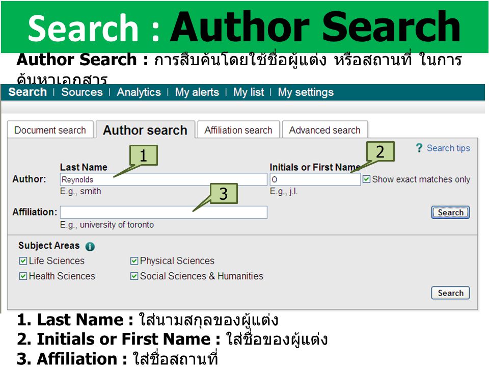 Search : Author Search Author Search : การสืบค้นโดยใช้ชื่อผู้แต่ง หรือสถานที่ ในการ ค้นหาเอกสาร