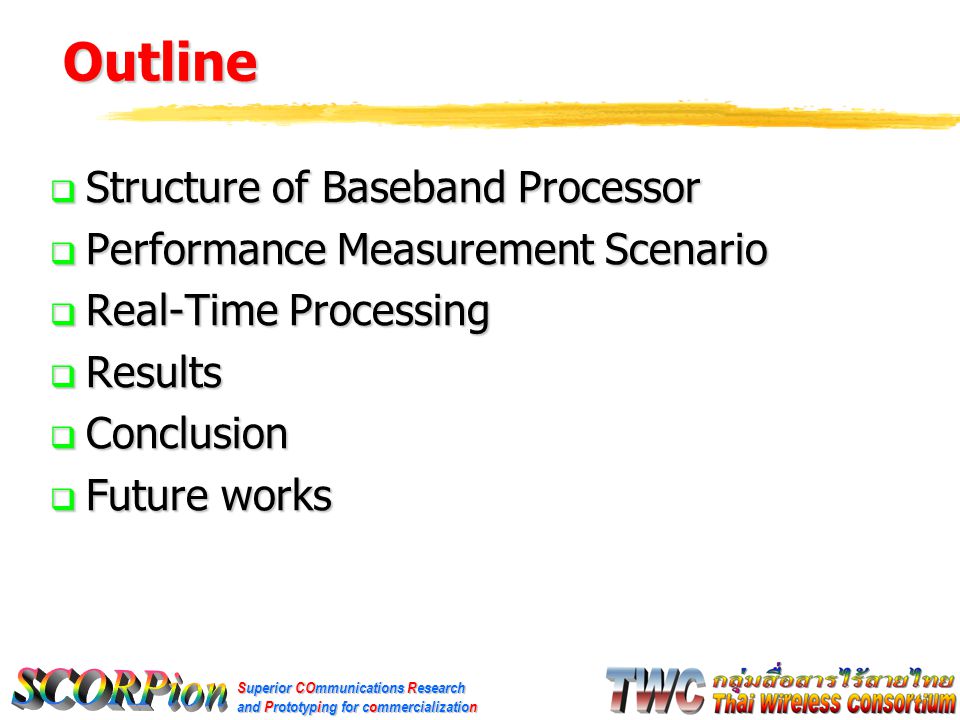 Superior COmmunications Research and Prototyping for commercialization Outline  Structure of Baseband Processor  Performance Measurement Scenario  Real-Time Processing  Results  Conclusion  Future works