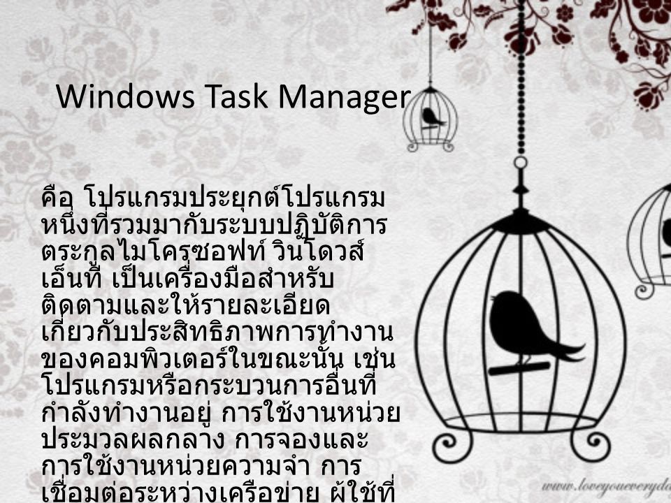 Windows Task Manager คือ โปรแกรมประยุกต์โปรแกรม หนึ่งที่รวมมากับระบบปฏิบัติการ ตระกูลไมโครซอฟท์ วินโดวส์ เอ็นที เป็นเครื่องมือสำหรับ ติดตามและให้รายละเอียด เกี่ยวกับประสิทธิภาพการทำงาน ของคอมพิวเตอร์ในขณะนั้น เช่น โปรแกรมหรือกระบวนการอื่นที่ กำลังทำงานอยู่ การใช้งานหน่วย ประมวลผลกลาง การจองและ การใช้งานหน่วยความจำ การ เชื่อมต่อระหว่างเครือข่าย ผู้ใช้ที่ ล็อกอิน เป็นต้น